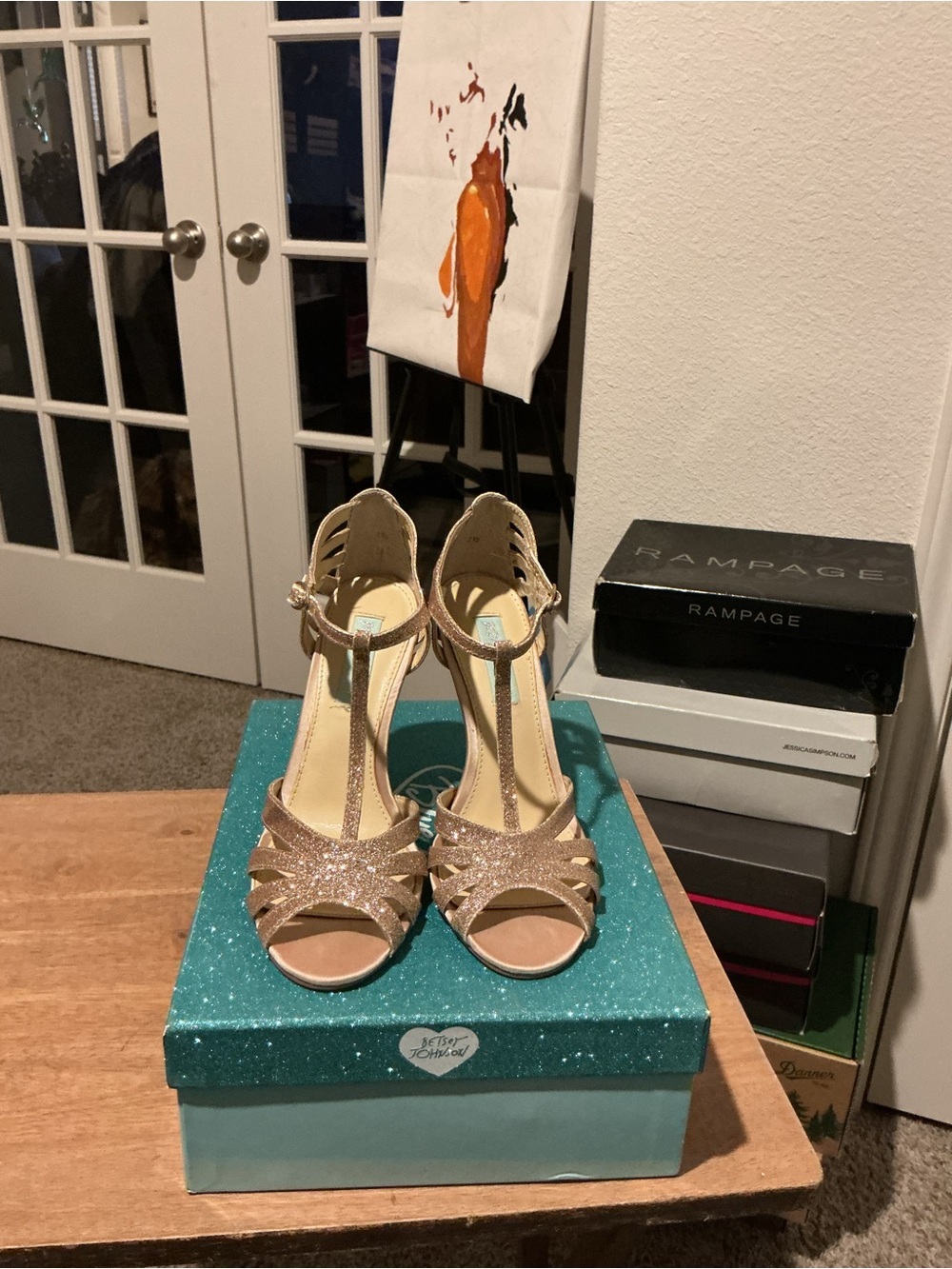 Betsey Johnson Champagne Glitter T-Strap Heels